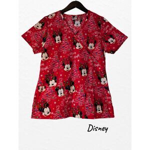 Disney Scrubs Christmas Mickey Minnie Red Holiday Nurse Medical Top